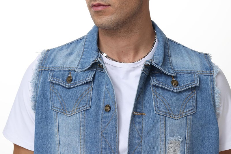 NASKY Men's Fit Retro Ripped Denim Vest Sleeveless Lapel Jean Vest Jacket Waistcoat Top(Large,Light blue) - Image 5